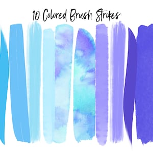 May include: Ten watercolor brush strokes in shades of blue and purple. The brush strokes are arranged in a row, with the lightest blue on the left and the darkest purple on the right.