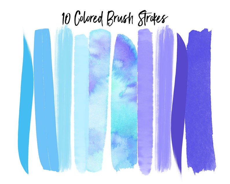 May include: Ten watercolor brush strokes in shades of blue and purple. The brush strokes are arranged in a row, with the lightest blue on the left and the darkest purple on the right.