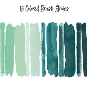 May include: Thirteen watercolor brush strokes in shades of green and teal. The brush strokes are arranged in a horizontal row.