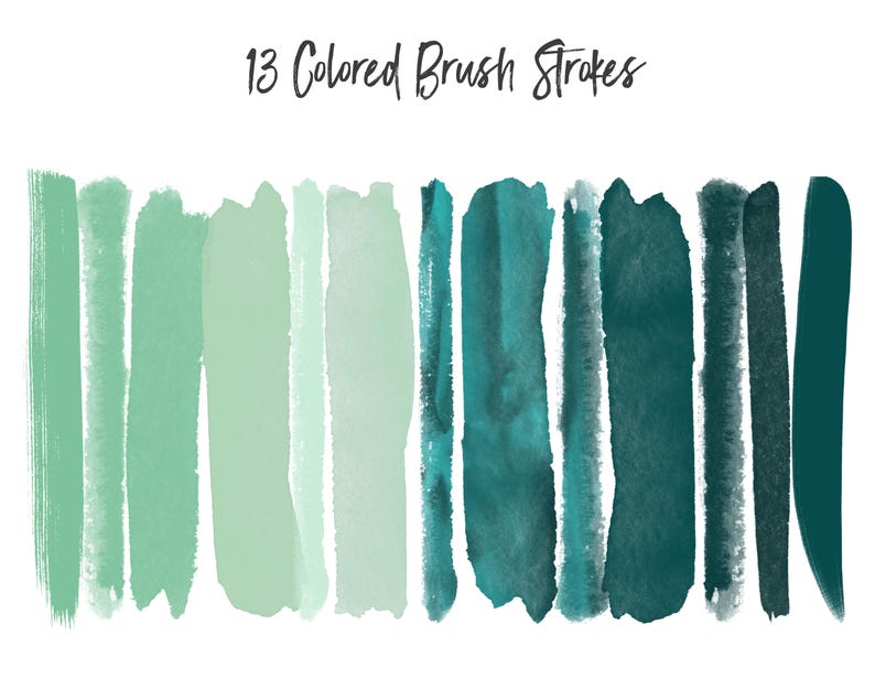 May include: Thirteen watercolor brush strokes in shades of green and teal. The brush strokes are arranged in a horizontal row.
