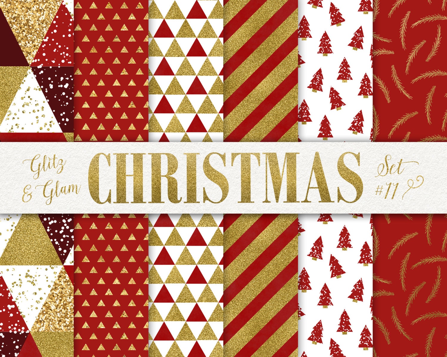 Red and Gold Christmas Digital Paper / Geometric Holiday