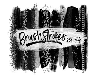 Black Watercolor Brush Strokes / Silver Brush Strokes Clipart / Black Paint Clipart / Sparkle Clipart / Paint Strokes PNG / Glamour Clip Art