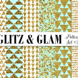 Pode incluir: Conjunto de seis padrões de papel digital com motivos de glitter dourado e fundos azul turquesa. Os padrões incluem formas geométricas, listras e confete.