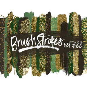 Puede incluir: Un conjunto de trazos de pincel digitales en verde, dorado y negro. Los trazos de pincel son texturizados y tienen un efecto brillante. El texto "Brush Strokes set #33" está escrito en blanco sobre un trazo de pincel negro.