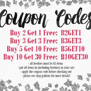 Puede incluir: Un gr&aacute;fico rosa y blanco con el texto "Coupon Codes" en negro. El gr&aacute;fico enumera cuatro c&oacute;digos de cup&oacute;n diferentes para descuentos en compras: Compra 2, obt&eacute;n 1 gratis: B2GET1, Compra 3, obt&eacute;n 3 gratis: B3GET3, Compra 5, obt&eacute;n 10 gratis: B5GET10, Compra 10, obt&eacute;n 30 gratis: B10GET30. El gr&aacute;fico tambi&eacute;n incluye instrucciones para usar los c&oacute;digos de cup&oacute;n: todos los art&iacute;culos gratuitos deben costar 5&nbsp;&euro;, coloca todos los art&iacute;culos en tu carrito (incluidos los art&iacute;culos gratuitos), aplica el c&oacute;digo de cup&oacute;n antes de finalizar la compra y consulta las pol&iacute;ticas de la tienda para obtener m&aacute;s detalles.