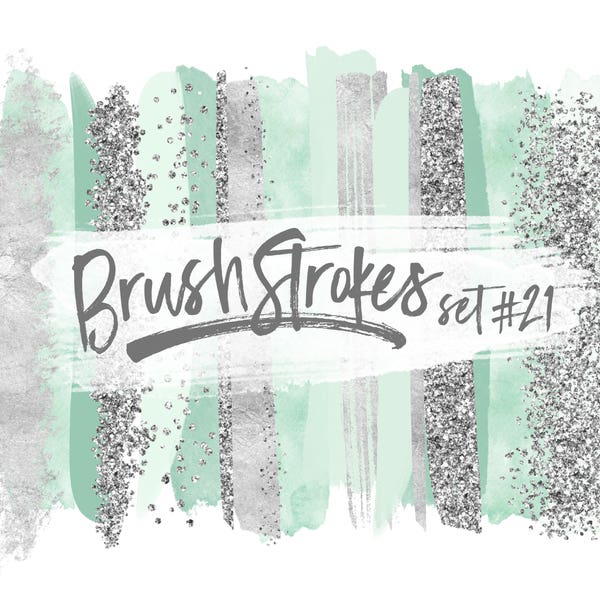 Silver and Mint Clipart Brush Strokes / Mint Green Brush Strokes / Silver Brushstrokes / Glitter Clipart Borders / Silver Paint Strokes