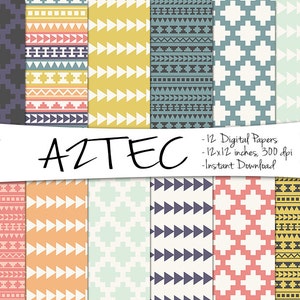 Aztec Digital Paper // Tribal Digital Paper // Printable Paper // Orange, Pink, Mustard, Aqua // Instant Download Aztec Paper
