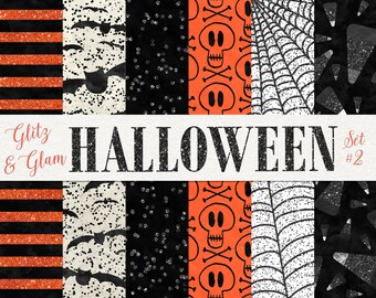 Digital Halloween Background / Spooky Digital Paper / Halloween Patterns / Spider Webs, Bats, Candy Corn, Skulls / Halloween Glitter Paper