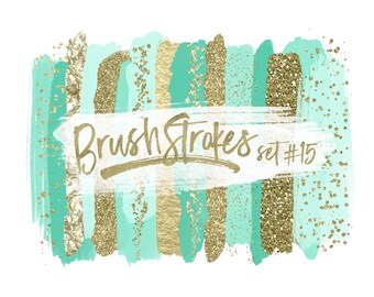 Mint and Gold Paint Strokes / Clipart for Planner Stickers / Mint Clipart / Gold Glitter Confetti Clipart / Mint Green Brush Strokes Clipart