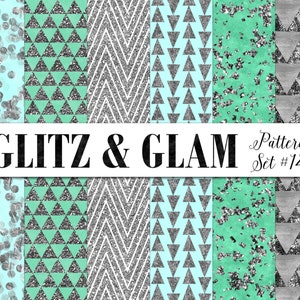 May include: A digital paper pack with six different patterns featuring silver glitter and a mint green background. The patterns include polka dots, triangles, chevron, and a speckled pattern. The text "GLITZ & GLAM Pattern Set #124" is displayed at the bottom of the image.