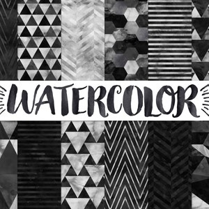 Black and White Digital Paper / Black and White Watercolor Paper / Modern Digital Background / Black Geometric Pattern / Black Digital Paper
