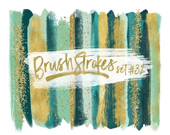 Paint Clipart / Digital Clip Art Brush Strokes / Gold Paint Strokes / Gold Blog Clipart / Teal Green Abstract Clipart for Commercial Use