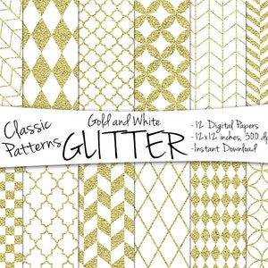 Digital Gold Paper // Instant Download Gold Glitter Paper // Digital Glitter Paper // Gold and White Quatrefoil Glitter, Herringbone Glitter