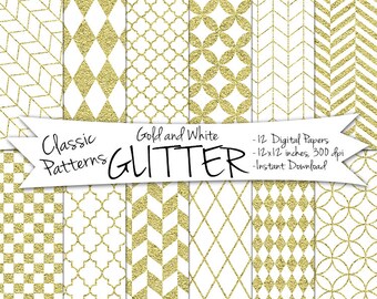 May include: Twelve digital papers with gold glitter patterns on a white background. The patterns include geometric shapes, diamonds, and herringbone. The text "Classic Patterns Gold and White Glitter" is at the top of the image. The text "12 Digital Papers, 12x12 inches, 300 dpi, Instant Download" is at the bottom of the image.