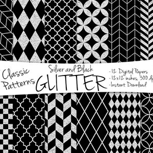 May include: A set of 12 digital papers featuring classic black and silver glitter patterns. Designs include geometric shapes and floral motifs. Each paper measures 30.48 x 30.48 cm.