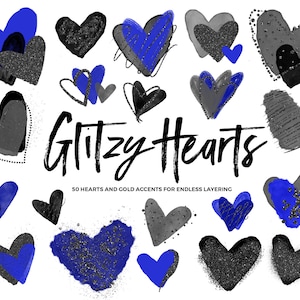 May include: An assortment of hand-drawn hearts in various styles and colors, including black, gray, and blue, with glitter accents. The text "Glitzy Hearts" is displayed, along with the text "50 hearts and gold accents for endless layering."
