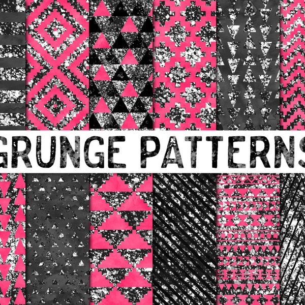 Hot Pink Digital Paper / Grunge Digital Paper / Neon Pink Distressed Digital Paper / Geometric Patterns / Modern Digital Background / Tribal