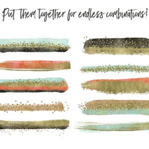 May include: A set of ten digital watercolor brush strokes in various colors, including black, gold, teal, and coral. The brush strokes are layered with gold glitter and can be used for digital art, scrapbooking, and other creative projects.  "Put them together for endless combinations!"