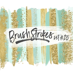 Puede incluir: Un conjunto de 25 trazos de pincel digitales en tonos menta y dorado. Los trazos de pincel están superpuestos y texturizados, algunos con un efecto brillante. El texto "Brush Strokes set #25" está escrito en negro en el centro de la imagen.