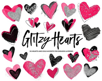 May include: A digital download of 50 glitzy heart graphics in pink, red, and black with silver glitter accents. The hearts are perfect for adding a touch of sparkle to your designs.