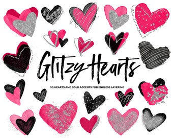 Silver and Pink Clipart Hearts / Silver Glitter Hearts / Silver Hearts Clip Art / Valentines Clip Art / Neon Pink and Black Heart Clipart