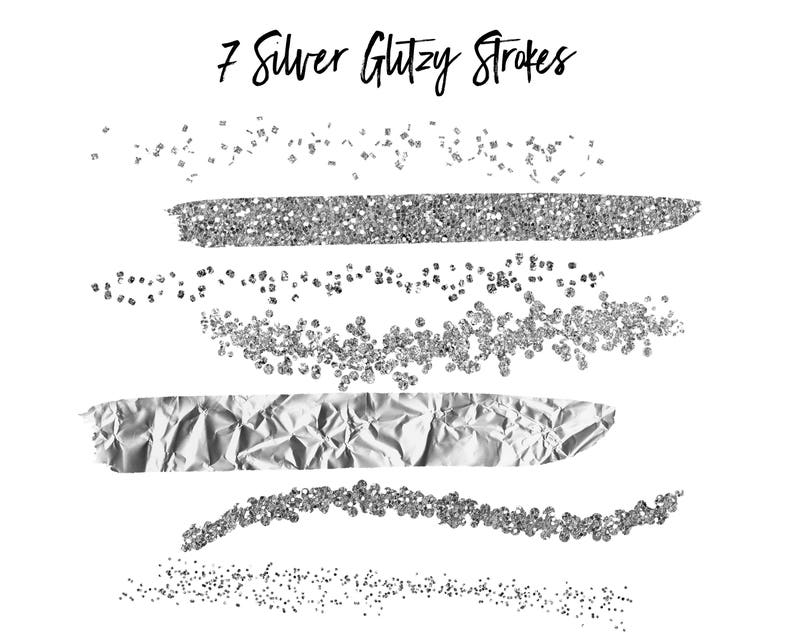 May include: Seven silver glitzy strokes, including glitter, foil, and scattered glitter, on a white background.