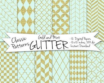 Menthe et or paillettes papier / / Glitter papier Scrapbook / / Digital or papier / / or et à la menthe quadrilobe / / or Herringbone papier numérique