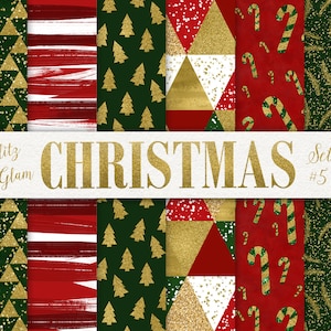 Gold Christmas Paper Pack / Christmas Tree Paper / Geometric Christmas Digital Paper / Holiday Digital Paper / Brush Strokes / Red and Green