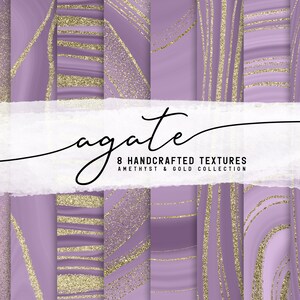 May include: Eight digital paper textures featuring abstract agate designs in shades of purple and gold. The text "agate 8 HANDCRAFTED TEXTURES AMETHYST & GOLD COLLECTION" is displayed on a white background.