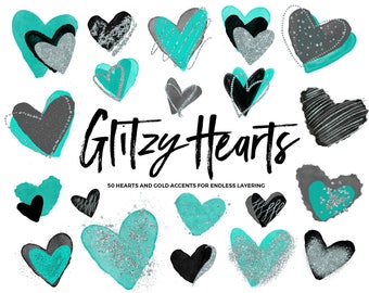 Teal Heart Clipart / Turquoise Clipart Hearts / Teal Clipart / Turquoise Heart Clipart / Silver Confetti Clip Art / Birthday Party Clipart