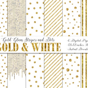 Könnte beinhalten: Sechs digitale Papiere mit goldenen Glitzerstreifen und Punkten auf weißem Hintergrund. Die Papiere sind 30,5 x 30,5 cm groß und haben eine Auflösung von 300 dpi. Gold Glam Stripes and Dots GOLD & WHITE - 6 Digital Papers - 12x12 inches. 300 dpi - Instant Download