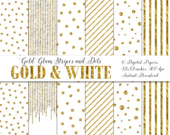 May include: Six digital papers with gold glitter stripes and dots on a white background. The papers are 12x12 inches and 300 dpi. Gold Glam Stripes and Dots GOLD & WHITE - 6 Digital Papers - 12x12 inches. 300 dpi - Instant Download
