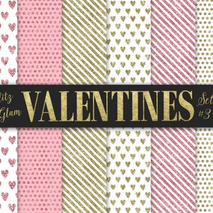 Pink Hearts Digital Paper / Gold Glitter Digital Paper / Printable Valentines Day Paper / Gold and Pink Digital Paper / Glitter Hearts Paper