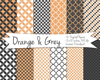 Orange and Grey Digital Paper // Instant Download Halloween Digital Paper // Printable Paper // Quatrefoil, Polka Dots and More!