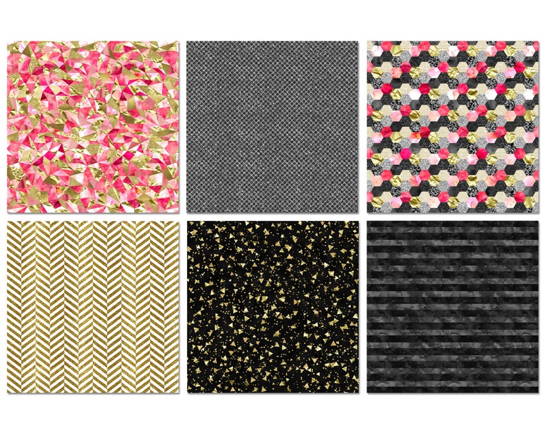 K&ouml;nnte beinhalten: Sechs digitale Papiermuster mit geometrischen Designs in Pink, Gold, Schwarz und Wei&szlig;. Die Muster umfassen ein geometrisches Muster mit pinken und goldenen Dreiecken, ein schwarz-wei&szlig;es Fischgratmuster, ein schwarz-wei&szlig;es Streifenmuster, ein schwarz-goldenes Konfetti-Muster, ein schwarz-wei&szlig;es Karomuster und ein pink-gold-schwarzes Wabenmuster.