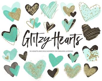 Mint Clipart Heart / Mint Chocolate Brown Clipart / Mint Heart Clip Art / Mint Green Heart / Mint and Gold Glitter Heart / Gold Clipart PNG