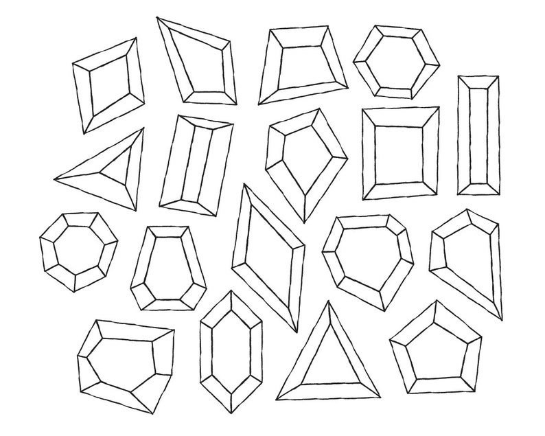 May include: A collection of 17 hand-drawn geometric shapes, resembling gemstones or crystals, in black outline on a white background.
