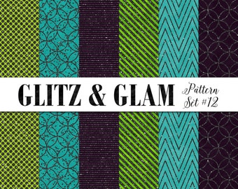 Teal Green and Purple Scrapbook Paper / Black Glitter Digital Paper / Chevron Stripes Polka Dot / Neon Digital Paper / Turquoise Background