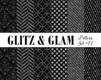Black and Silver Digital Paper / Silver Scrapbook Paper / Digital Silver Paper / Chevron Polka Dots Damask / Silver Glitter Digital Paper