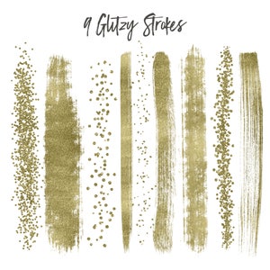 May include: Nine gold glitter brush strokes, some with a more textured look and others with a more subtle glitter effect.  The text "9 Glitzy Strokes" is at the top of the image.