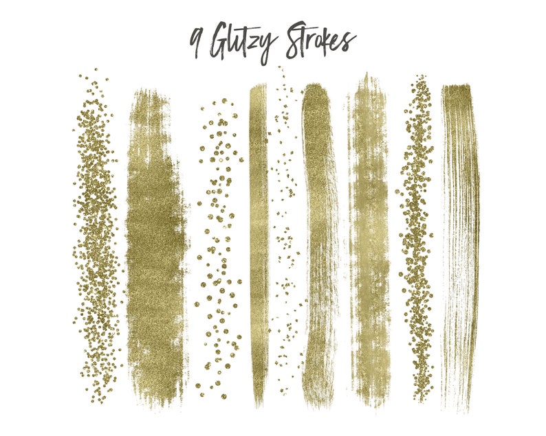 May include: Nine gold glitter brush strokes, some with a more textured look and others with a more subtle glitter effect.  The text "9 Glitzy Strokes" is at the top of the image.