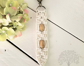 Boho Macrame keychain with light brown wood beads and bronze clasp