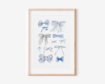 Blue Bows Print - Bow Trend, Coquette, Watercolor Print