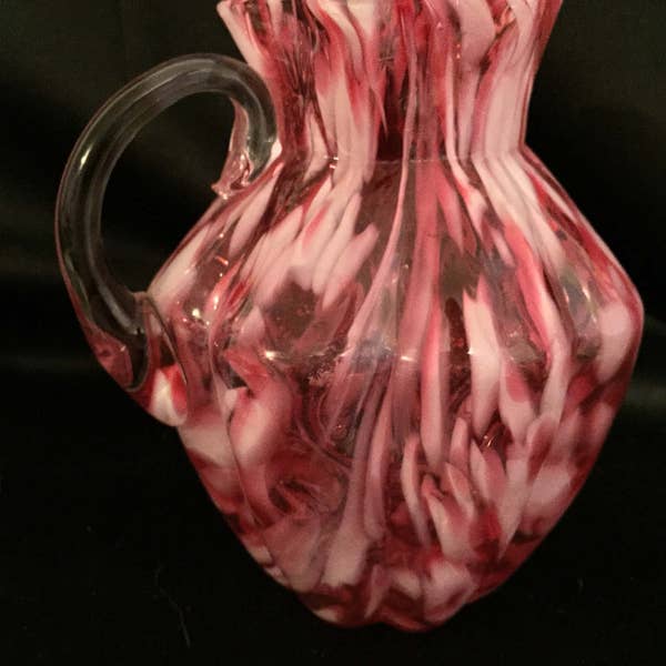 Vintage 1940's Pink Spot Optic Spatter Pitcher with applied colorless handle. C. 1940