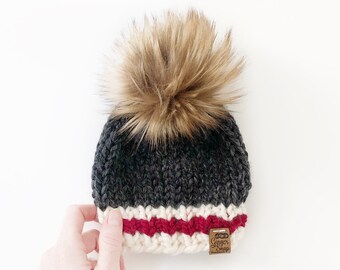 Knit hat || Lumberjack Knit Toque || Charcoal || Grey hat || Faux fur pompom hat || Winter wear || boy style