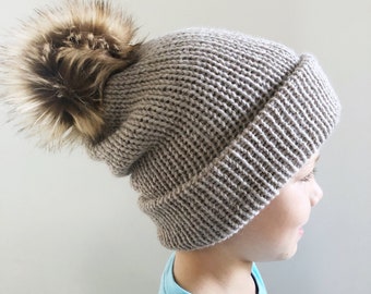 Knit hat || Maple Beanie || CHILD 4-10 years || Two styles in one || Faux fur pompom hat || Winter wear || fall fashion || sweater weather