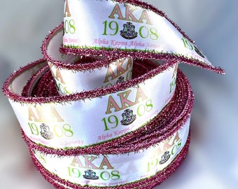 2" Wide Sparkling Bling Tinsel Alpha Kappa Alpha AKA Sorority Inspired Wired Satin Ribbon Greek Pink Green Decorating Trim Wreath Ribbon