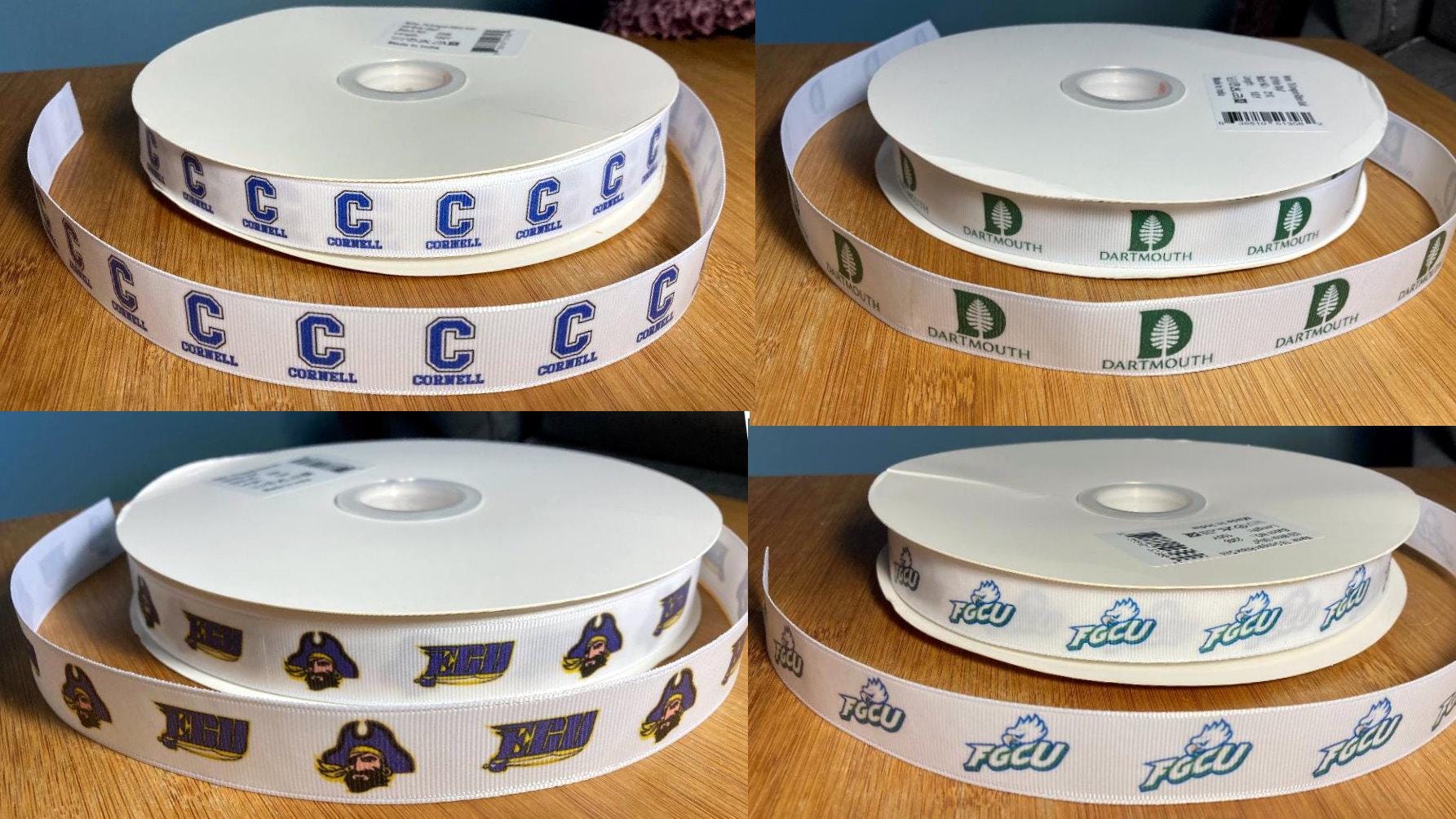 7/8" Collegiate Personalizable Grosgrain Ribbon Cornell College Dartmouth College East Carolina University ECU Florida Gulf Coast University