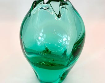 Železnobrodské Sklo (ZBS) Czechoslovakia Teal Glass Vase - Vintage - MidCentury