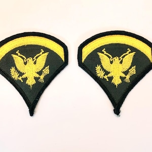 May include: Two embroidered patches featuring a gold eagle emblem on a dark green background. The patches have a black border and a gold bar at the top. The patches are likely military insignia.